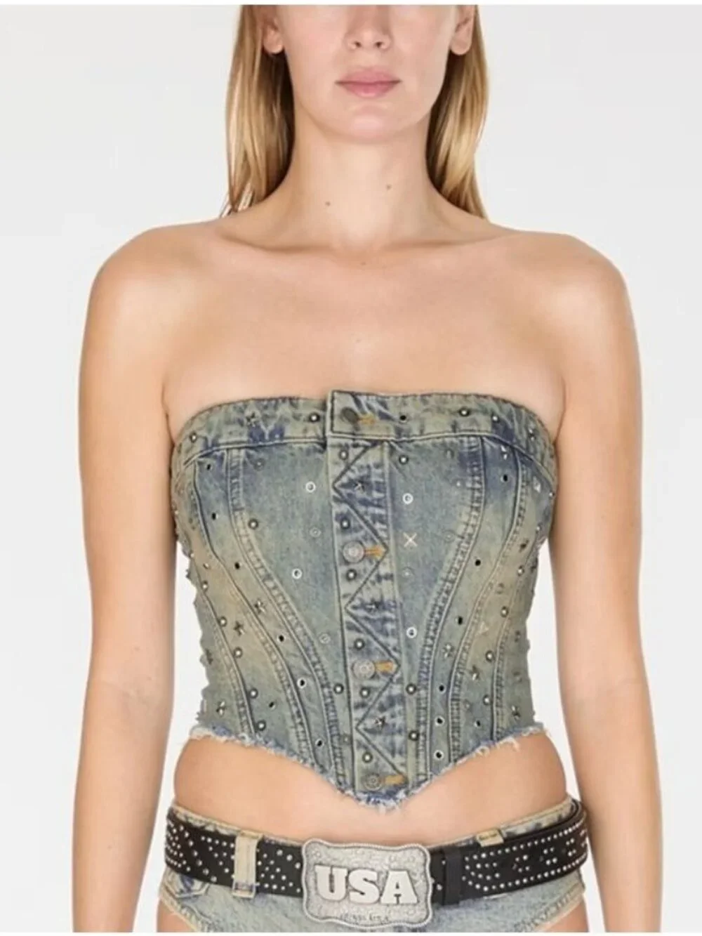 GUESS USA Silver Stud Embellished Gusa‎ Indigo Brown Tint Denim Corset Large